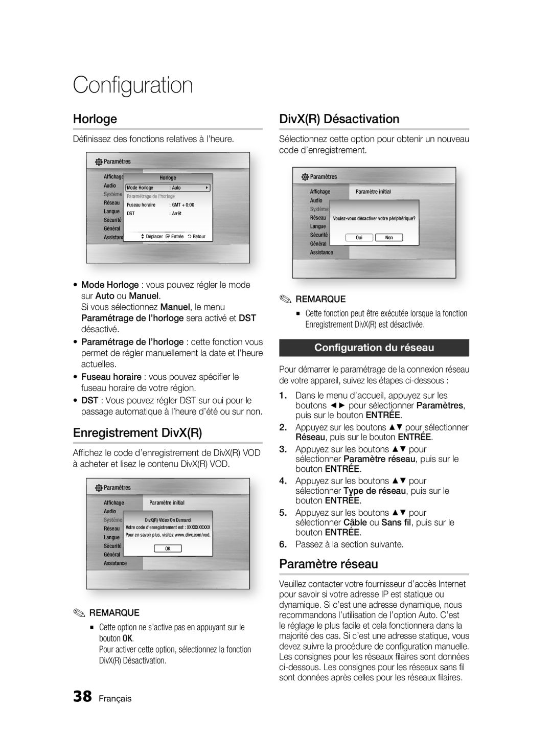 Samsung BD-C6800/XEF manual Horloge, Enregistrement DivXR, DivXR Désactivation, Paramètre réseau, Configuration du réseau 