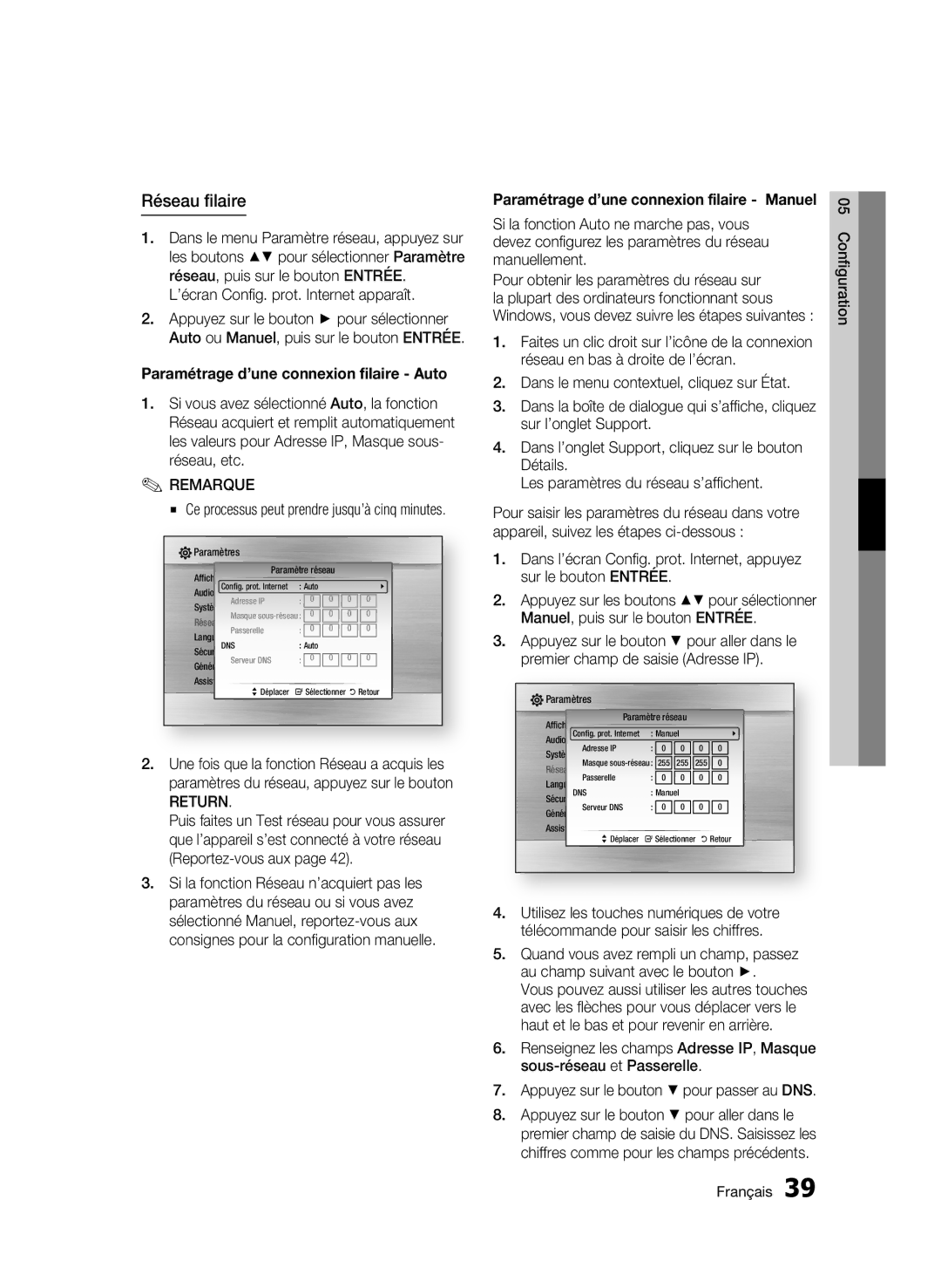 Samsung BD-C6800/XEF manual Réseau filaire, ’écran Config. prot. Internet apparaît, Return 