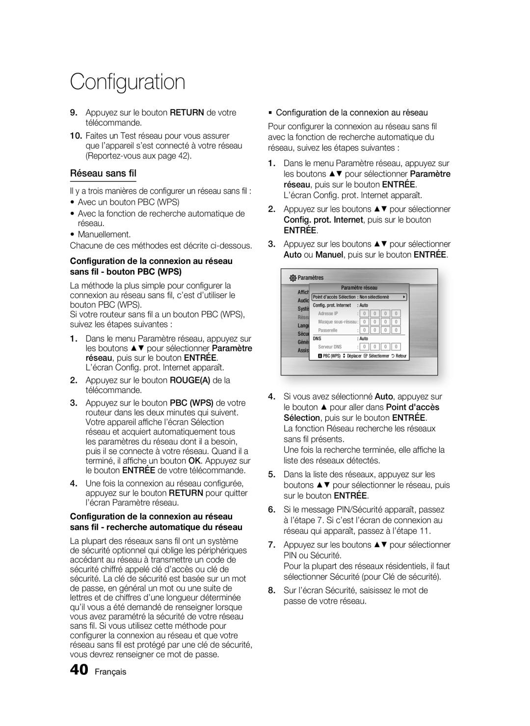 Samsung BD-C6800/XEF manual Réseau sans fil, Appuyez sur le bouton Return de votre télécommande, Entrée 