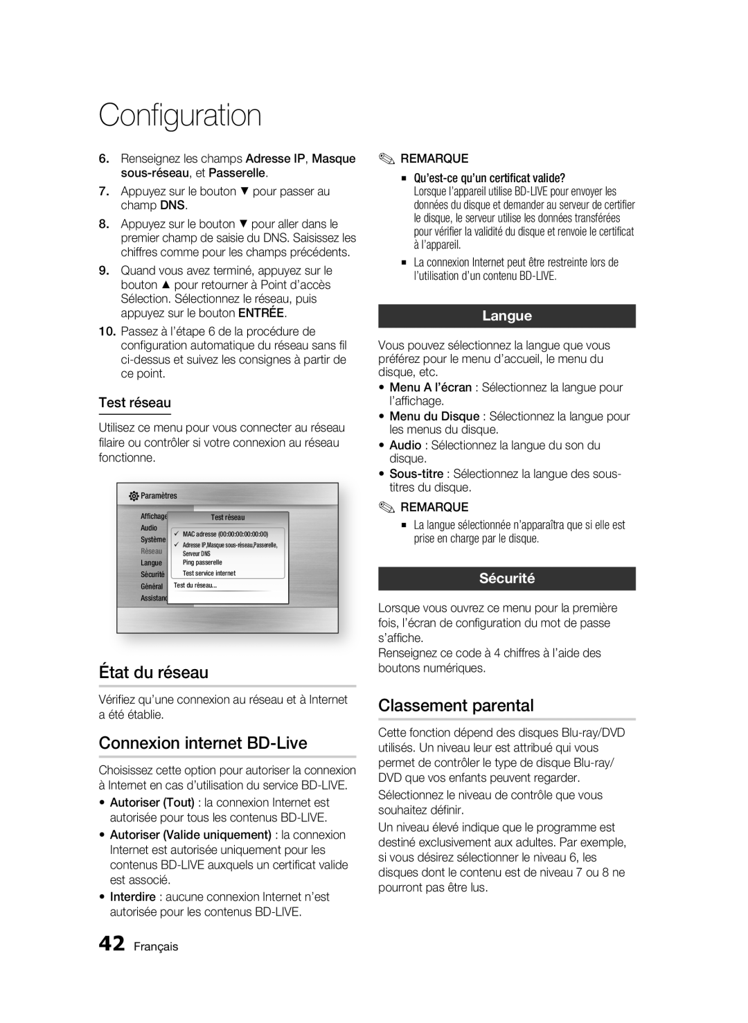 Samsung BD-C6800/XEF manual État du réseau, Connexion internet BD-Live, Classement parental, Langue, Sécurité 