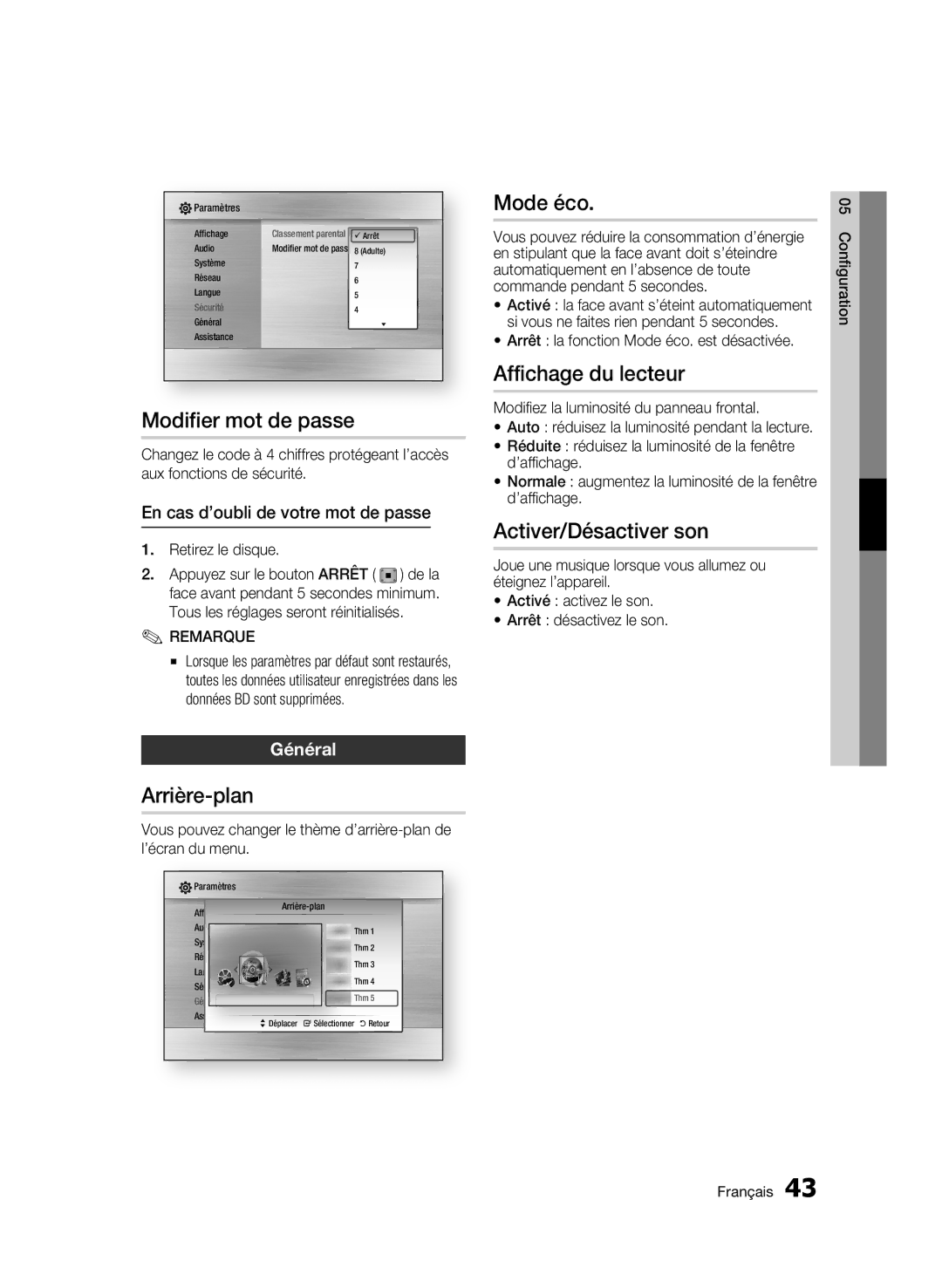 Samsung BD-C6800/XEF manual Modifier mot de passe, Arrière-plan, Mode éco, Affichage du lecteur, Activer/Désactiver son 