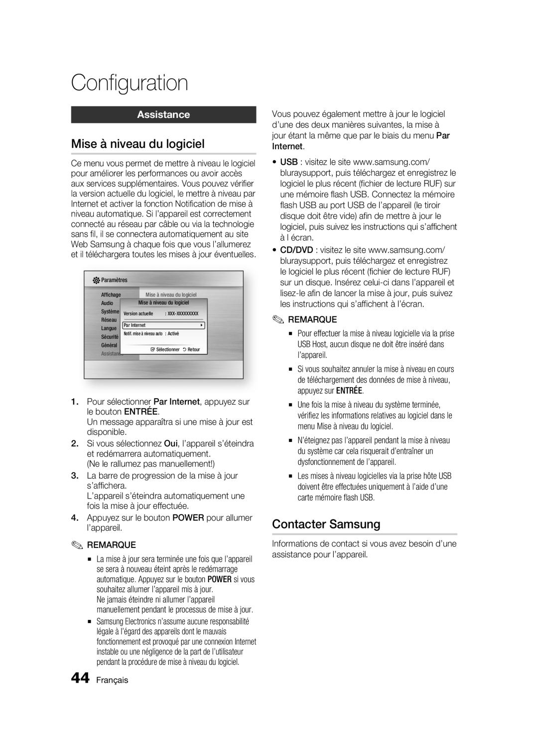 Samsung BD-C6800/XEF manual Mise à niveau du logiciel, Contacter Samsung, Assistance 