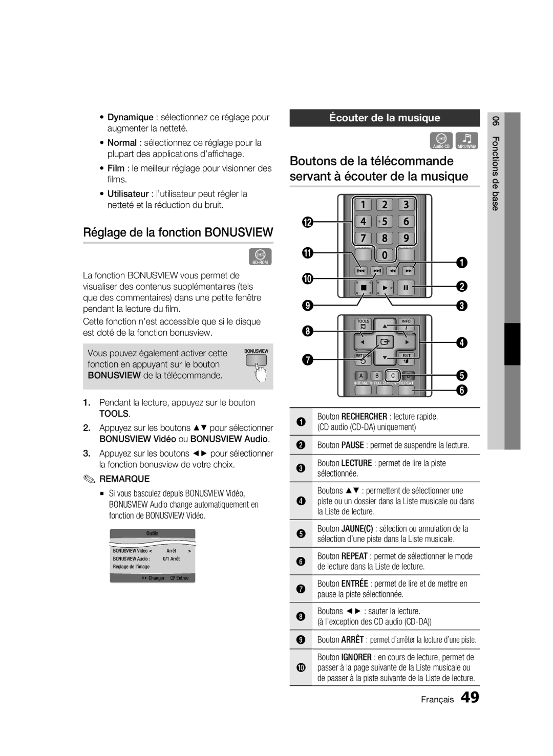 Samsung BD-C6800/XEF manual Réglage de la fonction Bonusview, Boutons de la télécommande servant à écouter de la musique 