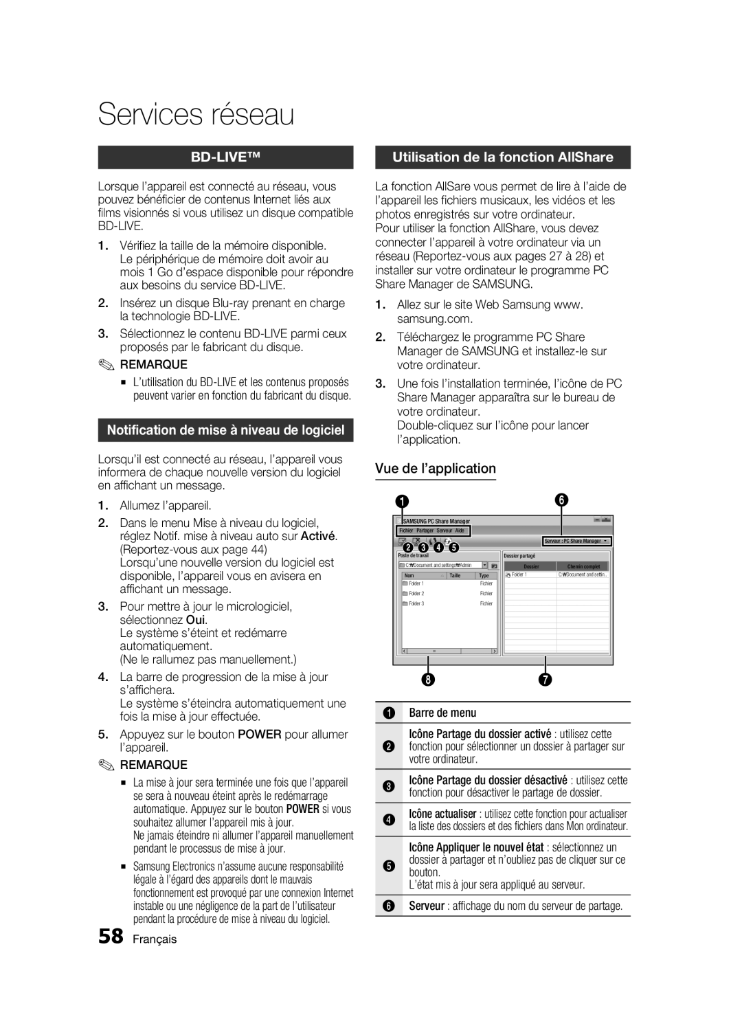 Samsung BD-C6800/XEF Notification de mise à niveau de logiciel, Utilisation de la fonction AllShare, Vue de l’application 