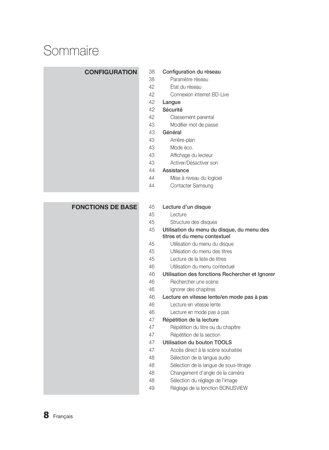 Samsung BD-C6800/XEF manual Configuration du réseau, Paramètre réseau, État du réseau, Connexion internet BD-Live, Langue 