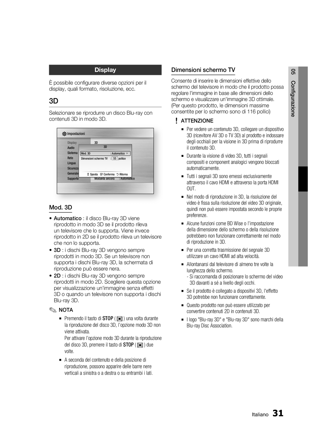 Samsung BD-C6800/XEF manual Display, Mod D, Dimensioni schermo TV 