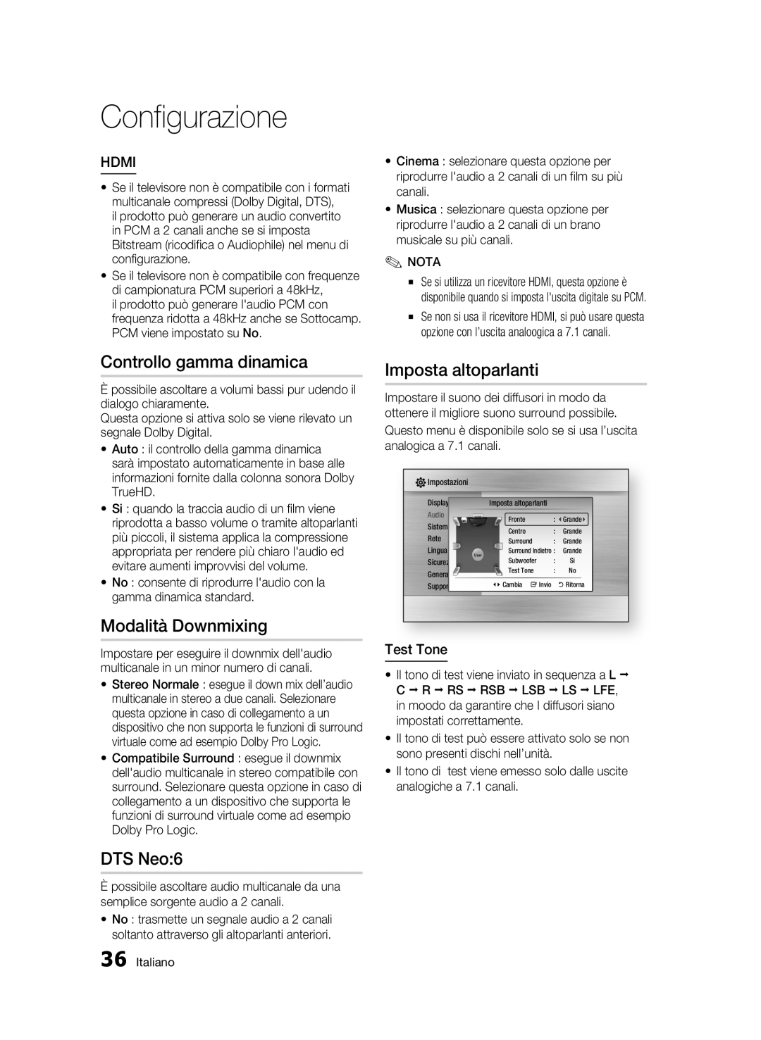 Samsung BD-C6800/XEF manual Controllo gamma dinamica, Modalità Downmixing, DTS Neo6, Imposta altoparlanti, Test Tone 