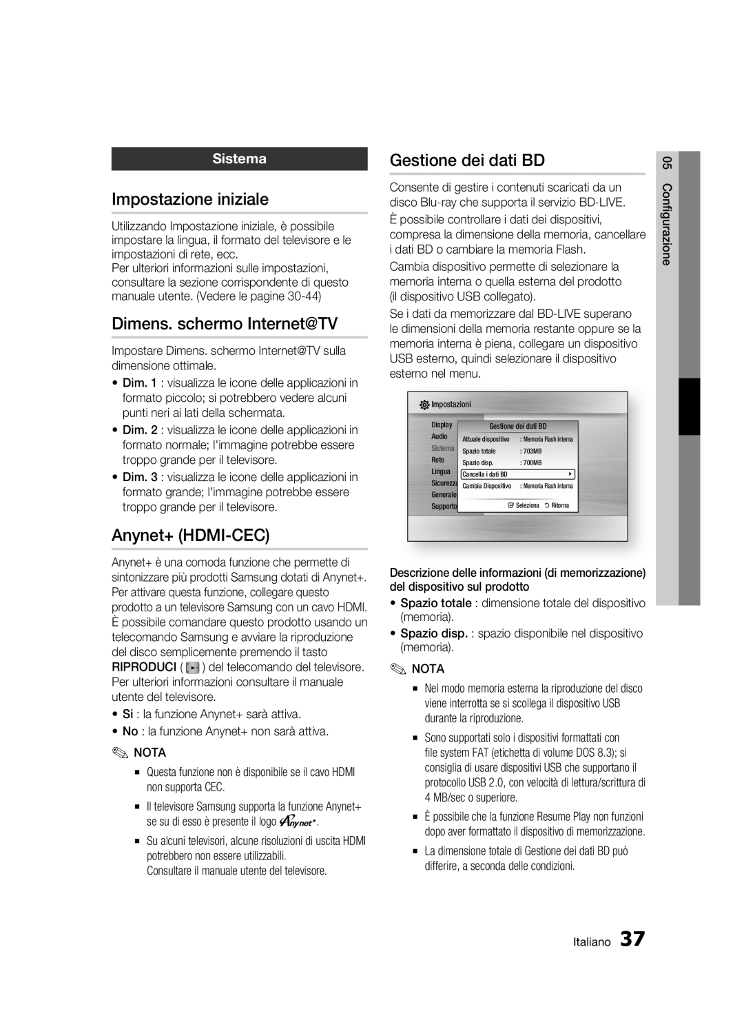 Samsung BD-C6800/XEF Impostazione iniziale, Dimens. schermo Internet@TV, Anynet+ HDMI-CEC, Gestione dei dati BD, Sistema 