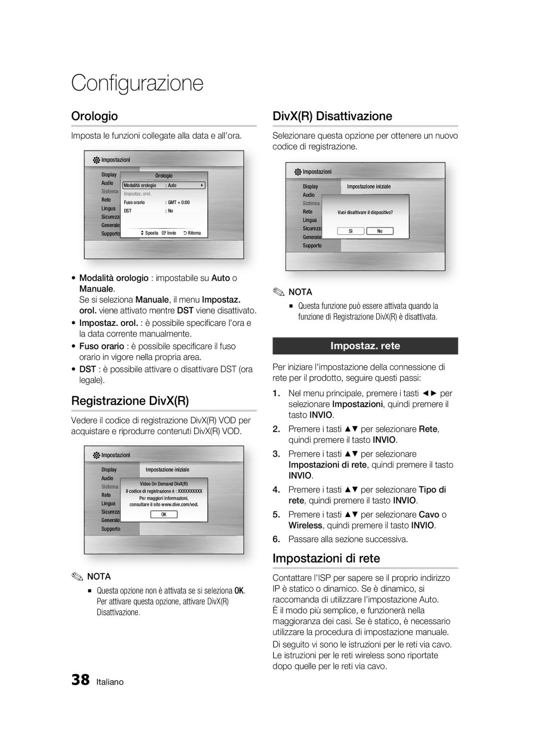 Samsung BD-C6800/XEF manual Orologio, Registrazione DivXR, DivXR Disattivazione, Impostazioni di rete, Impostaz. rete 