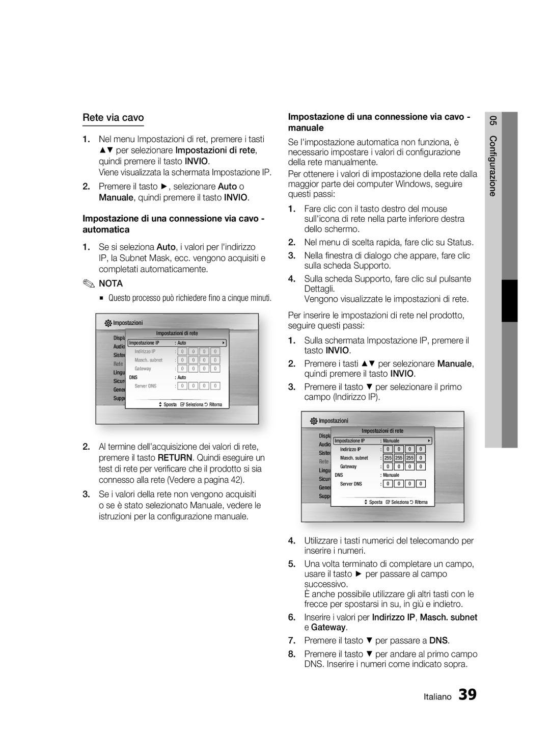 Samsung BD-C6800/XEF manual Rete via cavo, Impostazione di una connessione via cavo automatica 