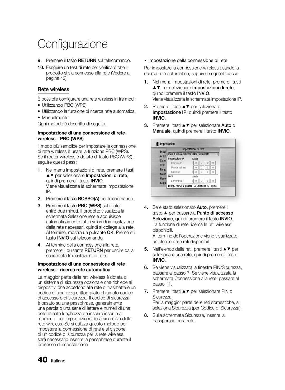 Samsung BD-C6800/XEF manual Rete wireless, Utilizzando PBC WPS, Manualmente Ogni metodo è descritto di seguito 