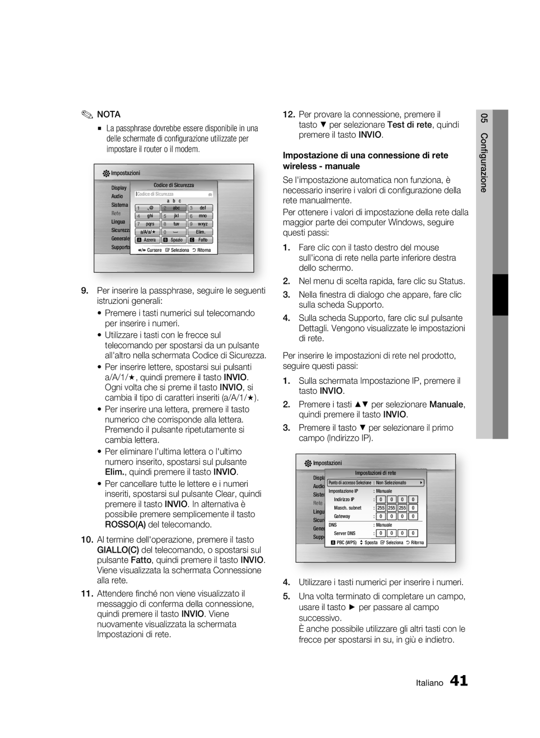 Samsung BD-C6800/XEF Impostazione di una connessione di rete wireless manuale 