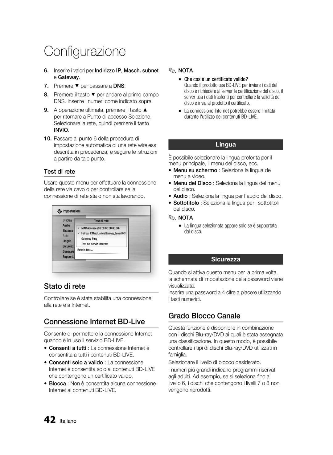 Samsung BD-C6800/XEF manual Stato di rete, Connessione Internet BD-Live, Grado Blocco Canale, Lingua, Sicurezza 