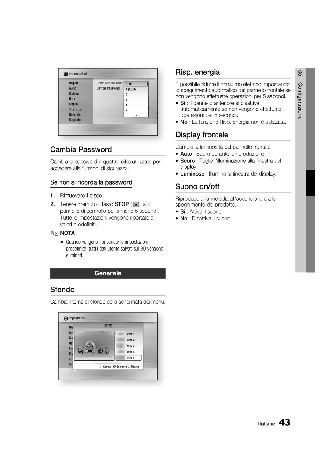 Samsung BD-C6800/XEF manual Cambia Password, Sfondo, Risp. energia, Display frontale, Suono on/off 