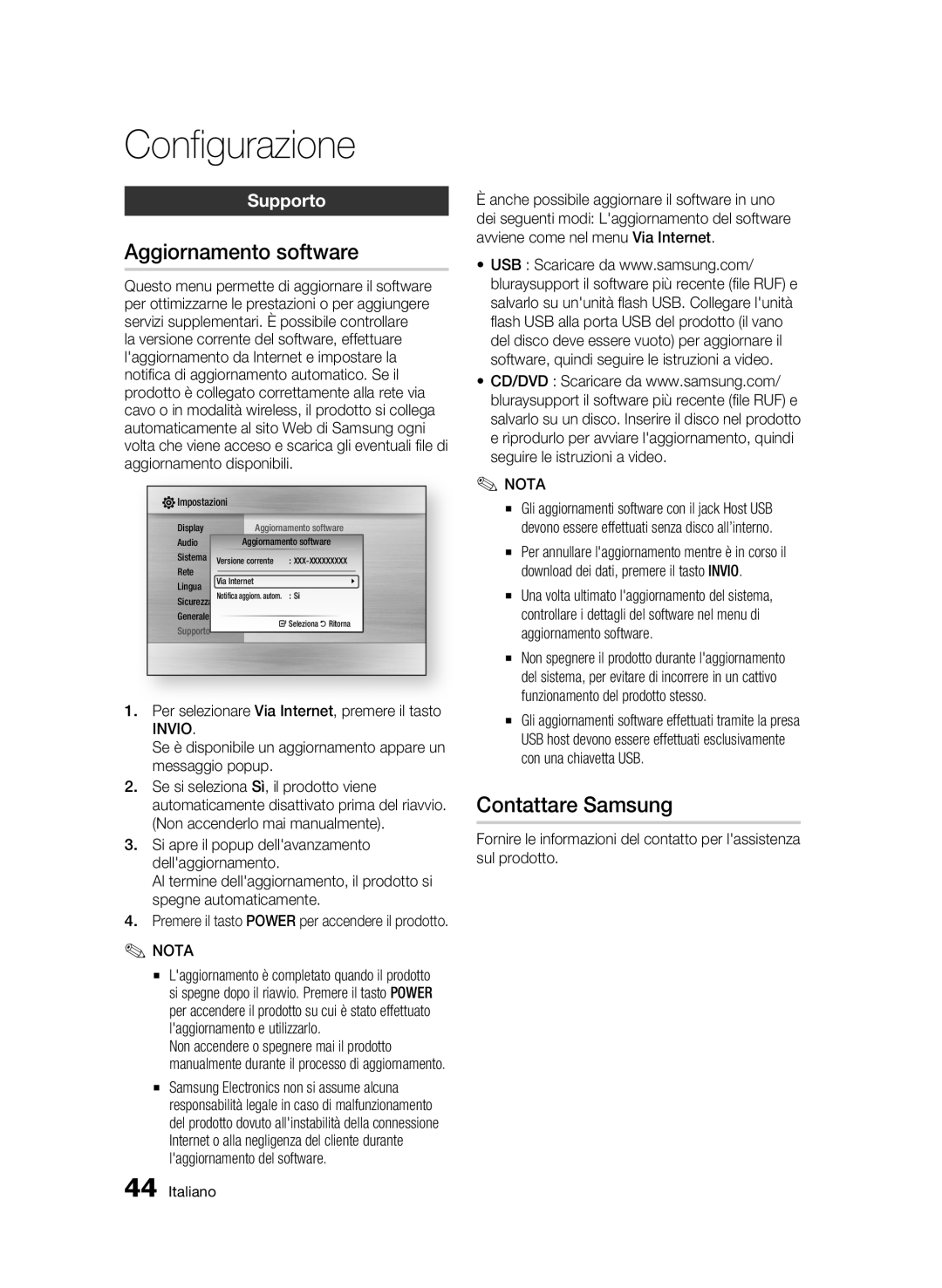 Samsung BD-C6800/XEF Aggiornamento software, Contattare Samsung, Supporto, Per selezionare Via Internet, premere il tasto 