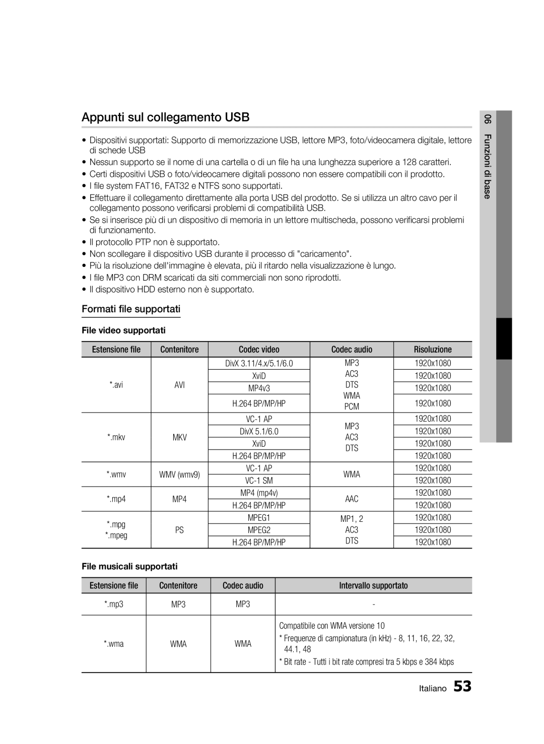 Samsung BD-C6800/XEF manual Appunti sul collegamento USB, Formati file supportati, AC3, Avi, Dts 