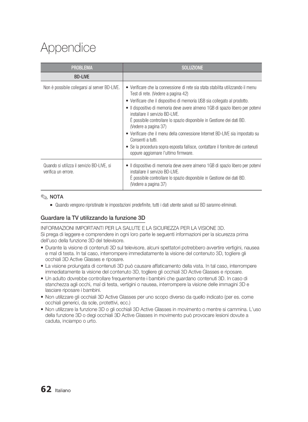 Samsung BD-C6800/XEF manual Guardare la TV utilizzando la funzione 3D, Verifica un errore 