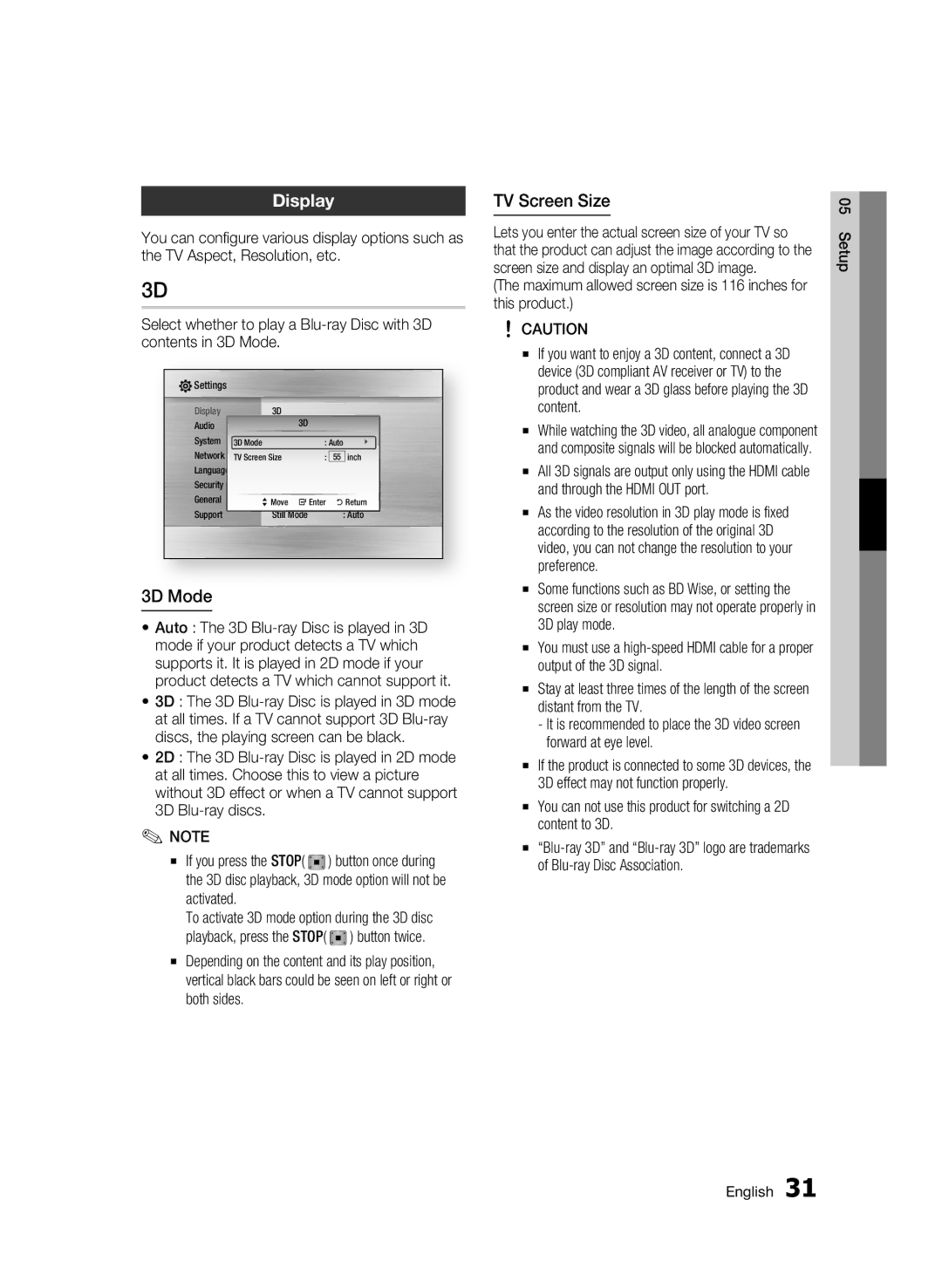 Samsung BD-C6800/XEN, BD-C6800/EDC manual Display, 3D Mode, TV Screen Size, Activated 