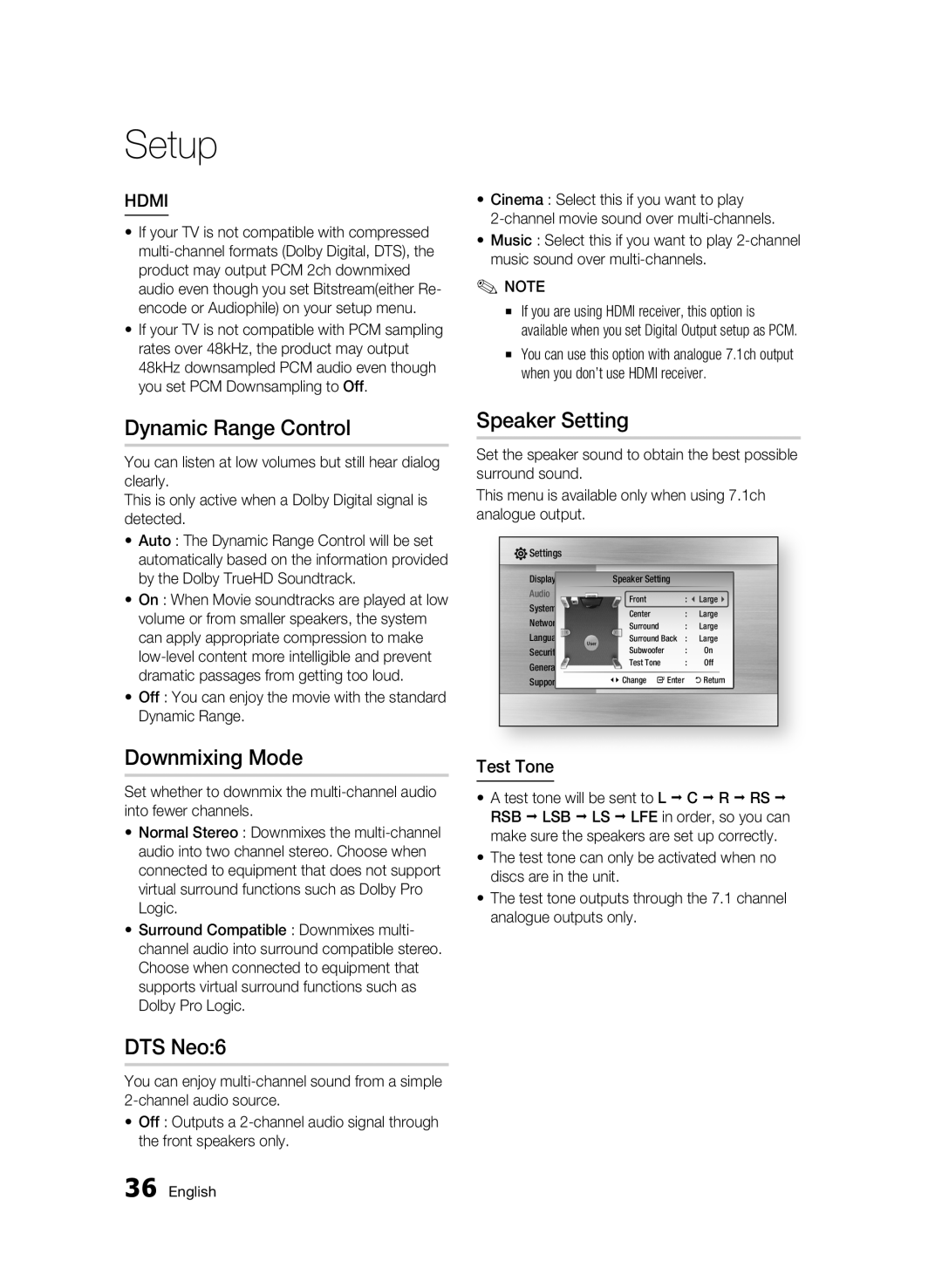 Samsung BD-C6800/EDC, BD-C6800/XEN manual Dynamic Range Control, Downmixing Mode, Speaker Setting, Test Tone 