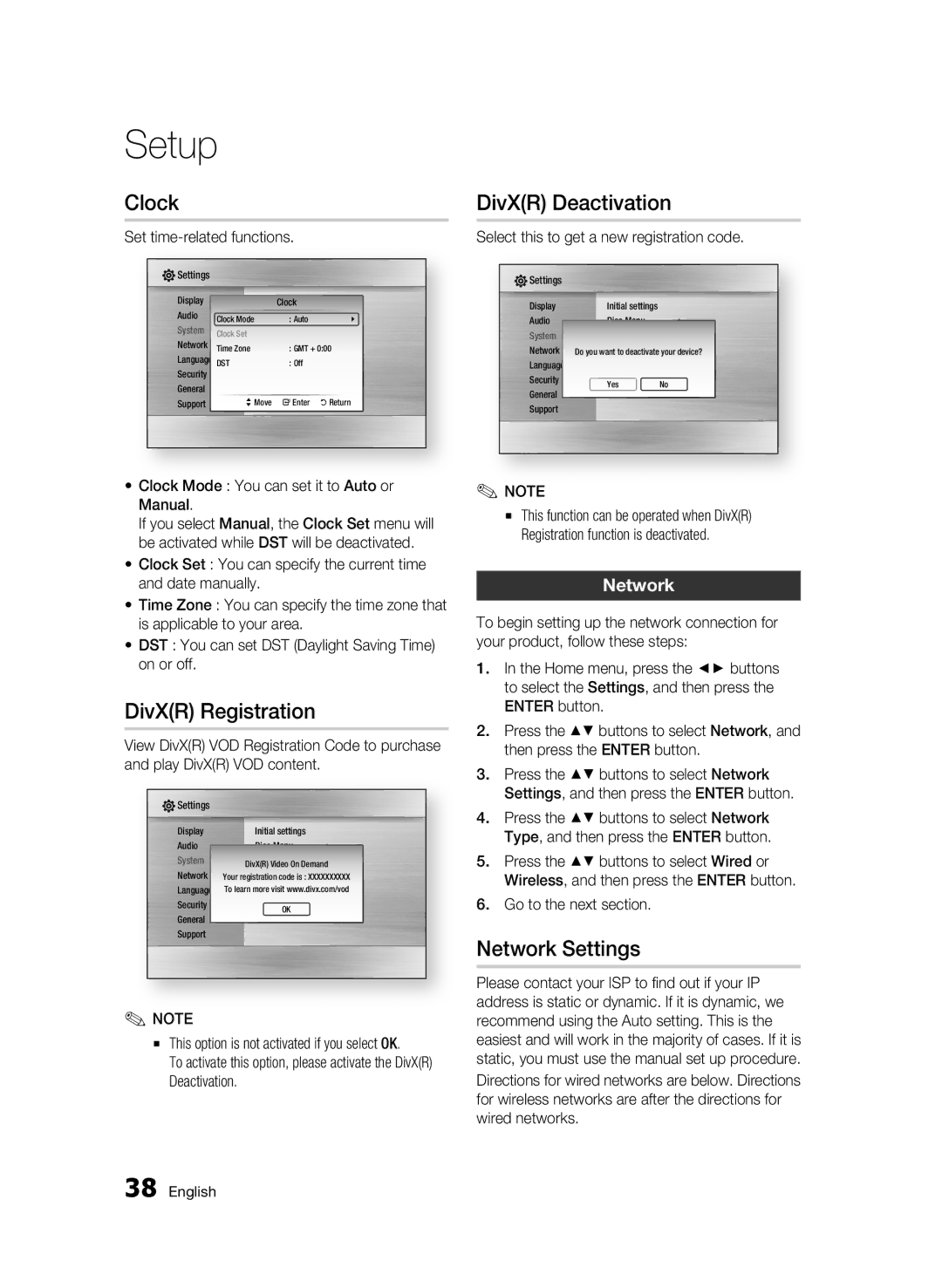 Samsung BD-C6800/EDC, BD-C6800/XEN manual Clock, DivXR Registration, DivXR Deactivation, Network Settings 