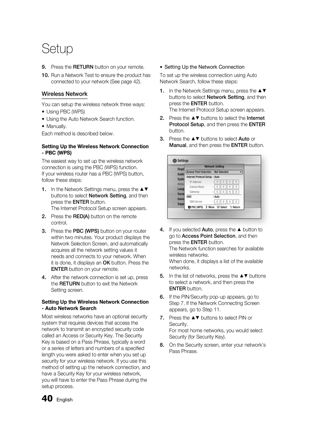 Samsung BD-C6800/EDC manual Wireless Network, Press the Return button on your remote,  Setting Up the Network Connection 