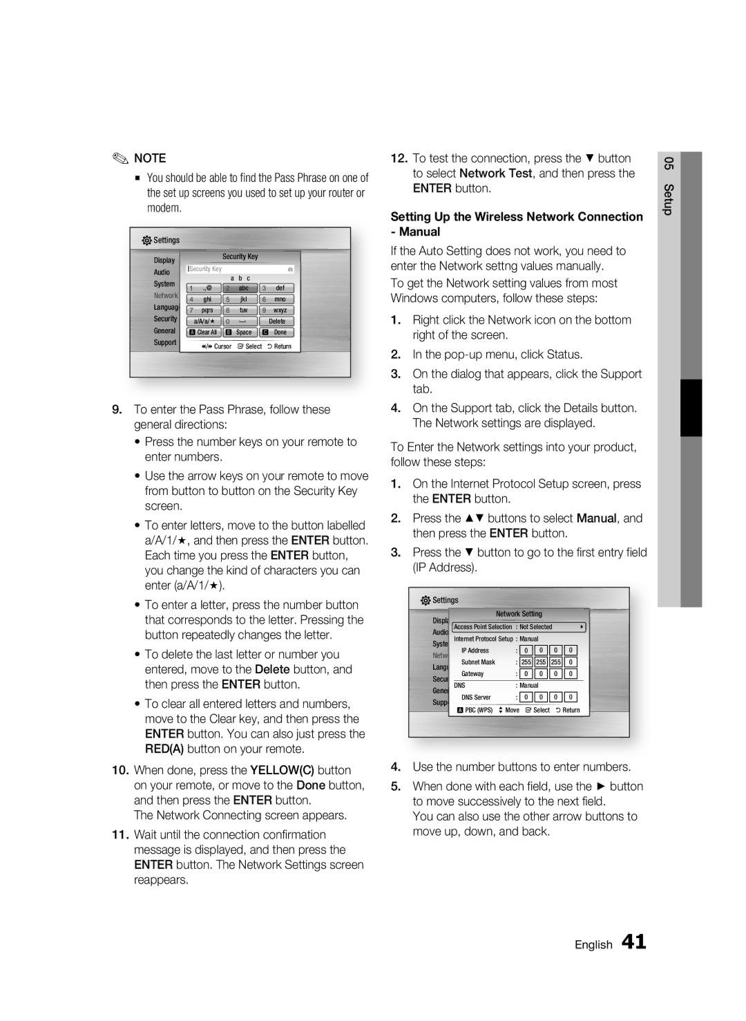 Samsung BD-C6800/XEN, BD-C6800/EDC manual Setting Up the Wireless Network Connection Manual, Right of the screen, Tab 