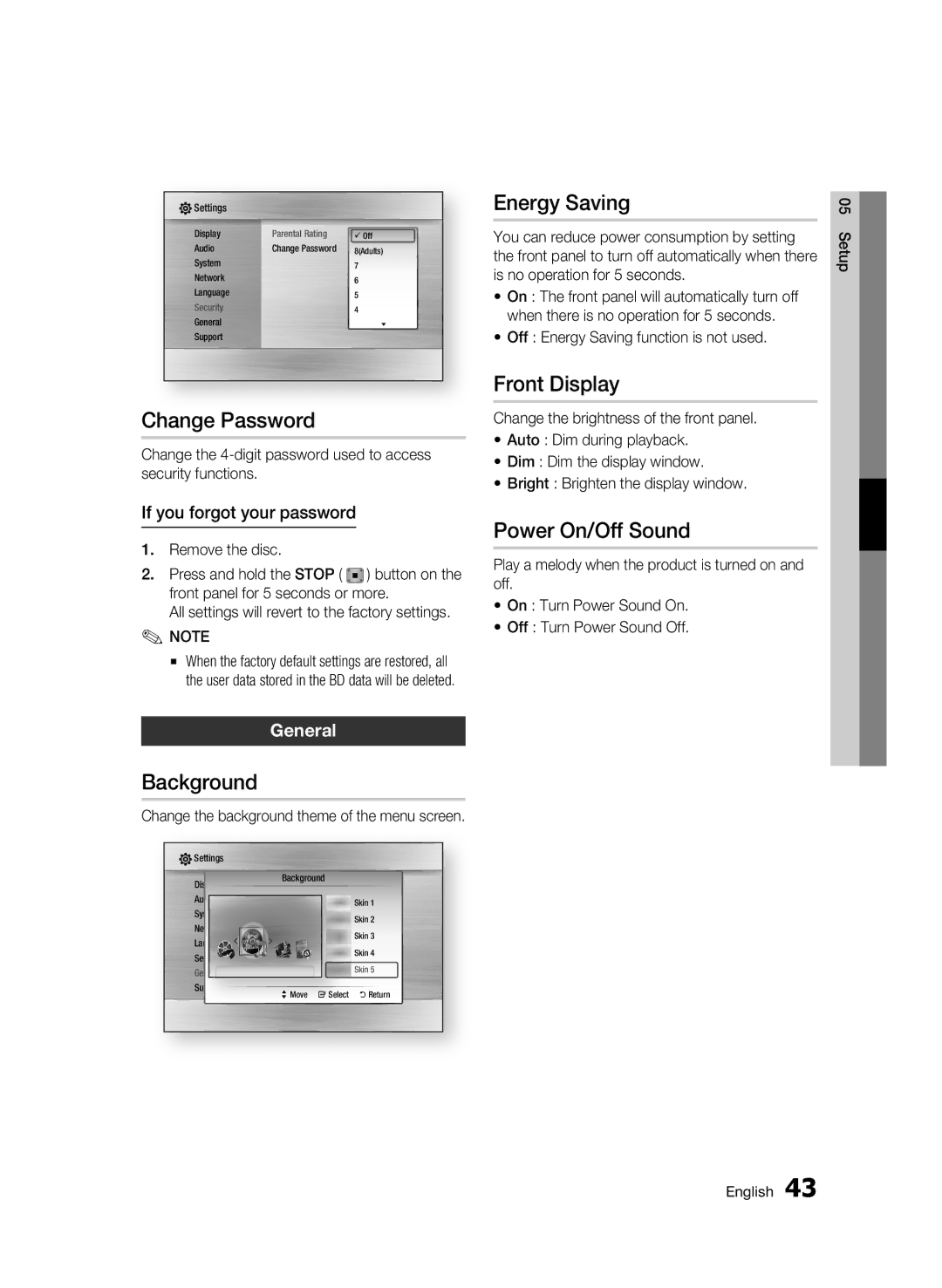 Samsung BD-C6800/XEN, BD-C6800/EDC manual Change Password, Background, Energy Saving, Front Display, Power On/Off Sound 