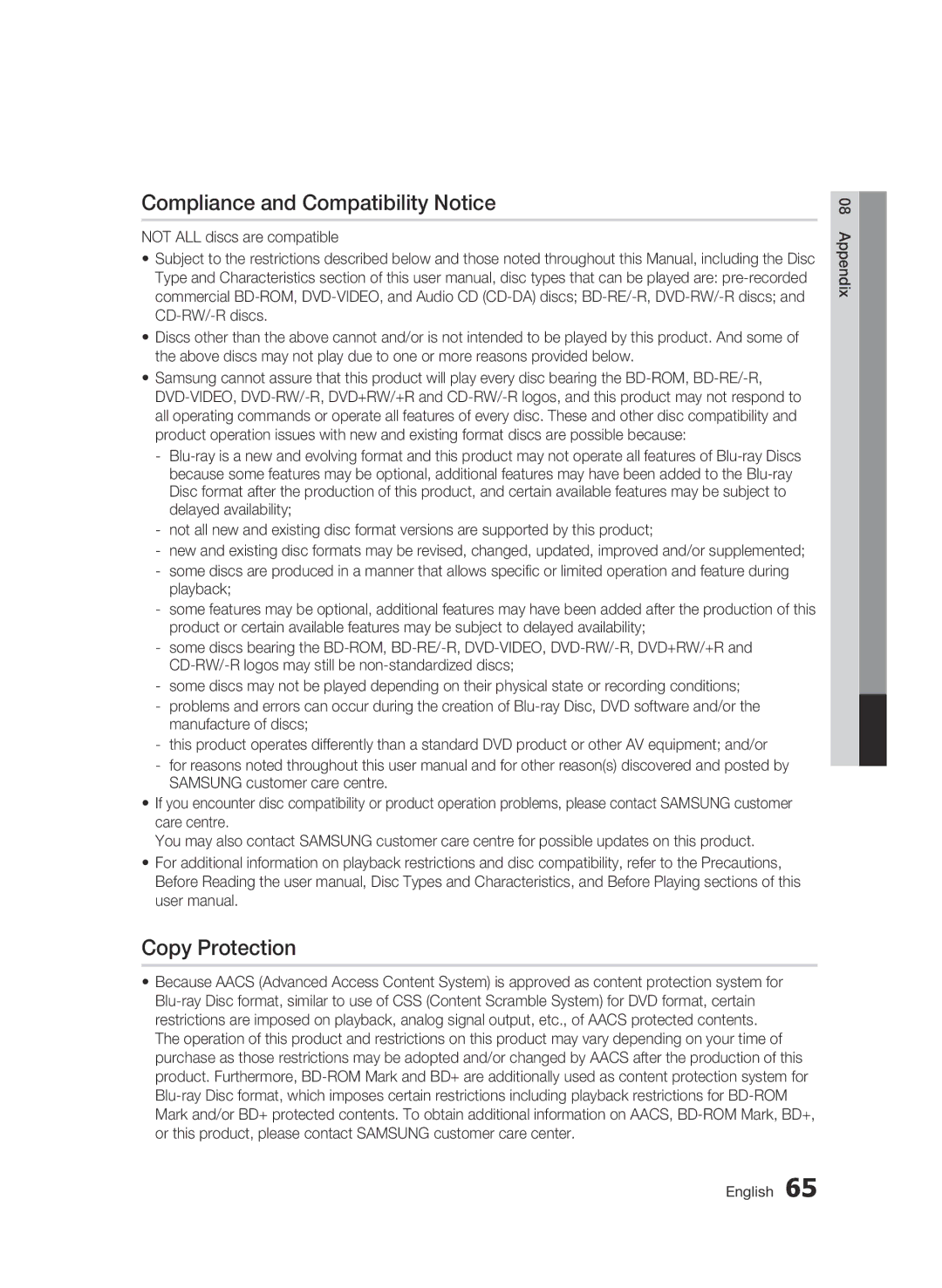 Samsung BD-C6800/XEN, BD-C6800/EDC manual Compliance and Compatibility Notice, Copy Protection 