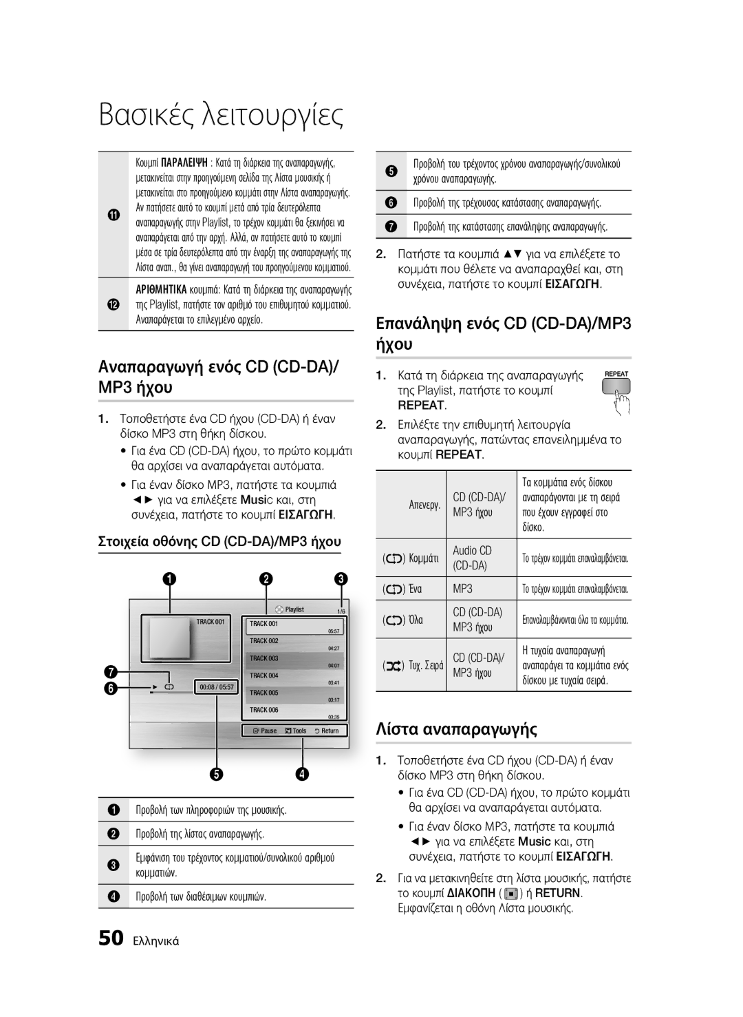 Samsung BD-C6800/XEN manual Επανάληψη ενός CD CD-DA/MP3 ήχου, Λίστα αναπαραγωγής, Στοιχεία οθόνης CD CD-DA/MP3 ήχου 