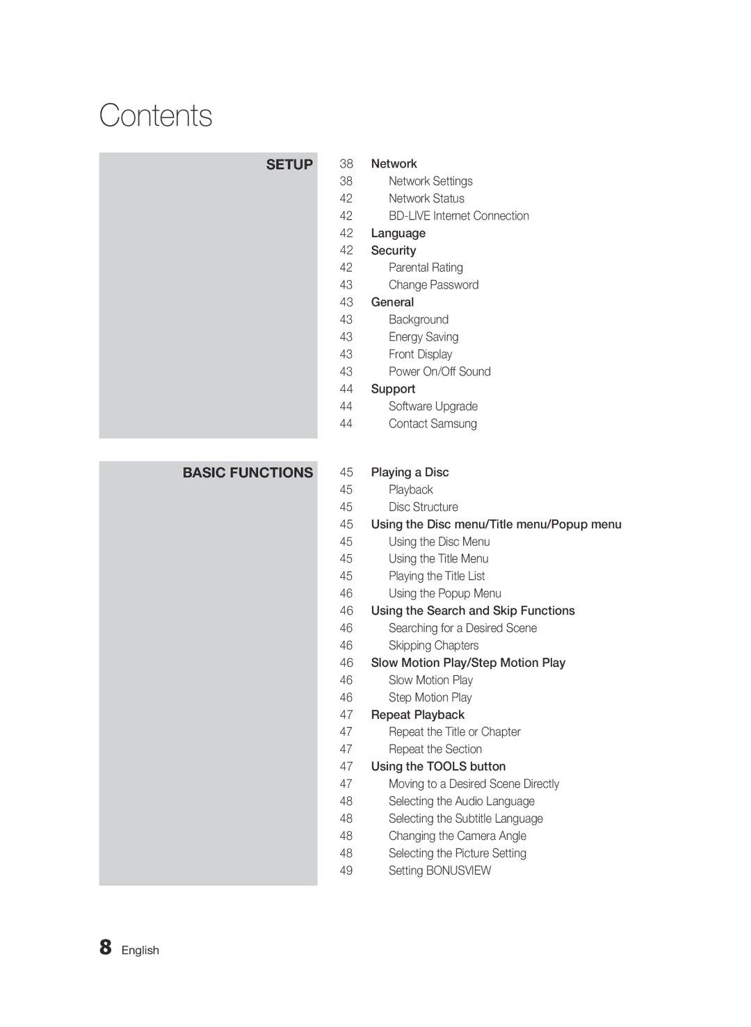 Samsung BD-C6800/EDC manual Network Settings, Network Status, BD-LIVE Internet Connection, Language, Security, General 