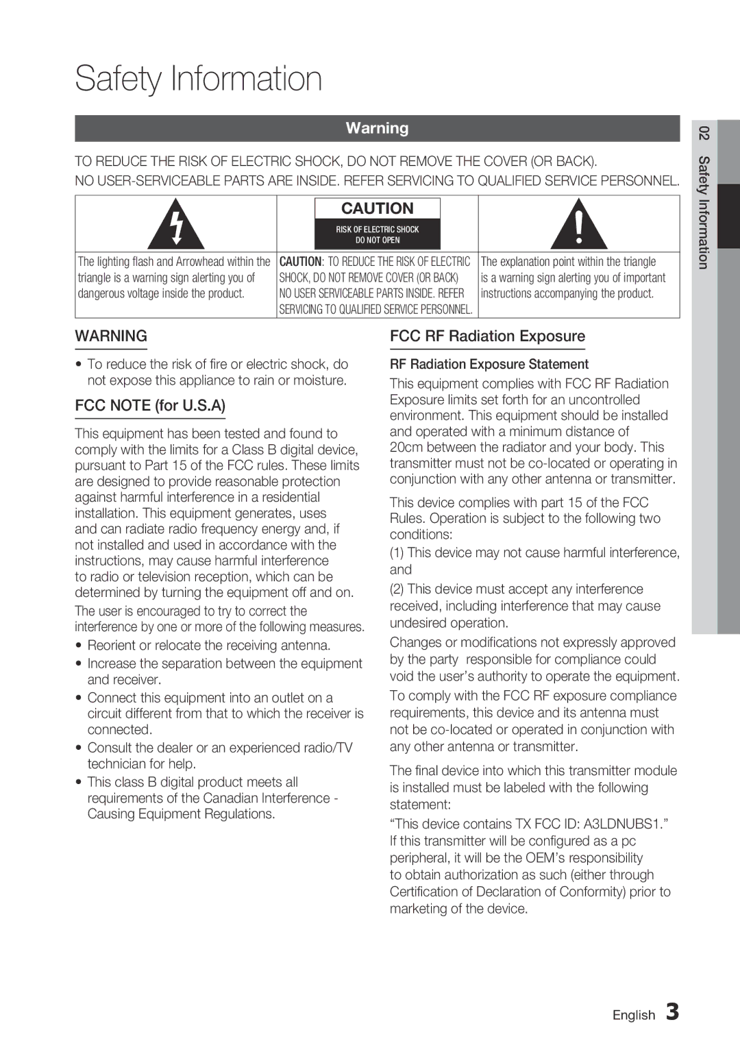 Samsung BD-C6900/XEF Safety Information, FCC RF Radiation Exposure, FCC Note for U.S.A, RF Radiation Exposure Statement 