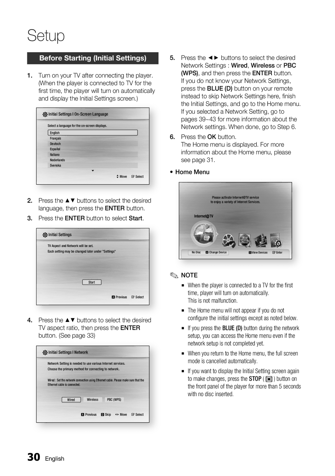 Samsung BD-C6900 Setup, Before Starting Initial Settings, Press the Enter button to select Start, This is not malfunction 