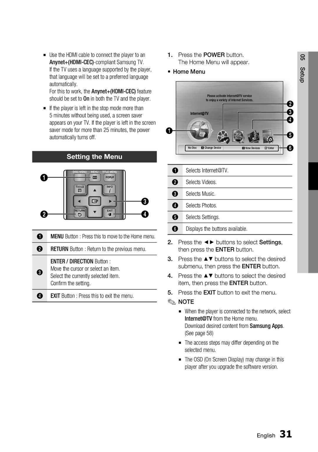 Samsung BD-C6900/EDC, BD-C6900/XAA, BD-C6900/XEF, BD-C6900/MEA, BD-C6900/XEE manual Setting the Menu 