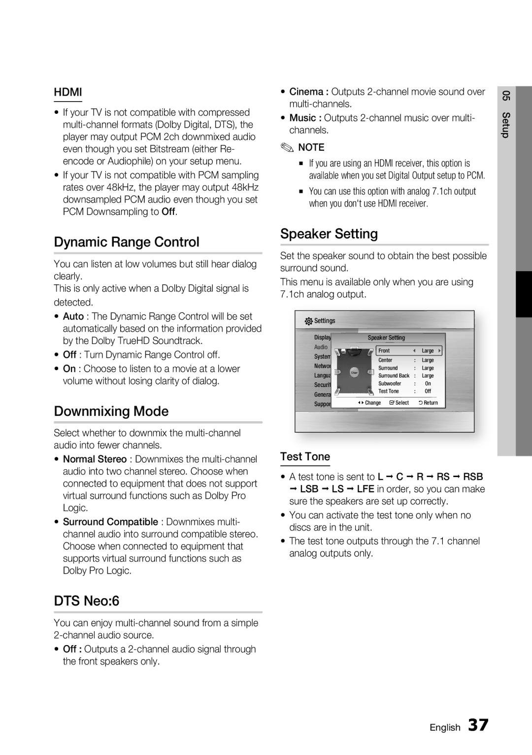 Samsung BD-C6900/EDC, BD-C6900/XAA manual Dynamic Range Control, Downmixing Mode, DTS Neo6, Speaker Setting, Test Tone 