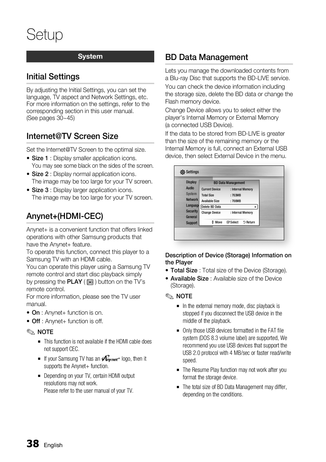 Samsung BD-C6900/XAA, BD-C6900/EDC Initial Settings, Internet@TV Screen Size, Anynet+HDMI-CEC, BD Data Management, System 