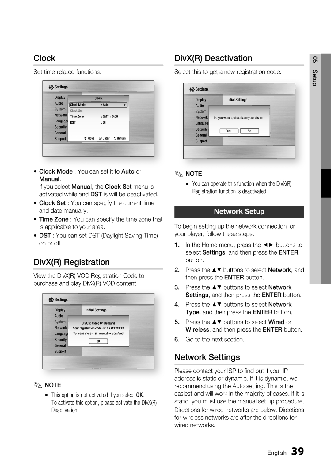 Samsung BD-C6900/XEF, BD-C6900/EDC manual Clock, DivXR Registration, DivXR Deactivation, Network Settings, Network Setup 