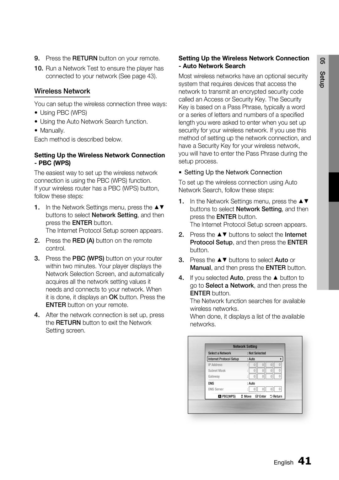 Samsung BD-C6900/XEE manual Wireless Network, Press the Return button on your remote,  Setting Up the Network Connection 