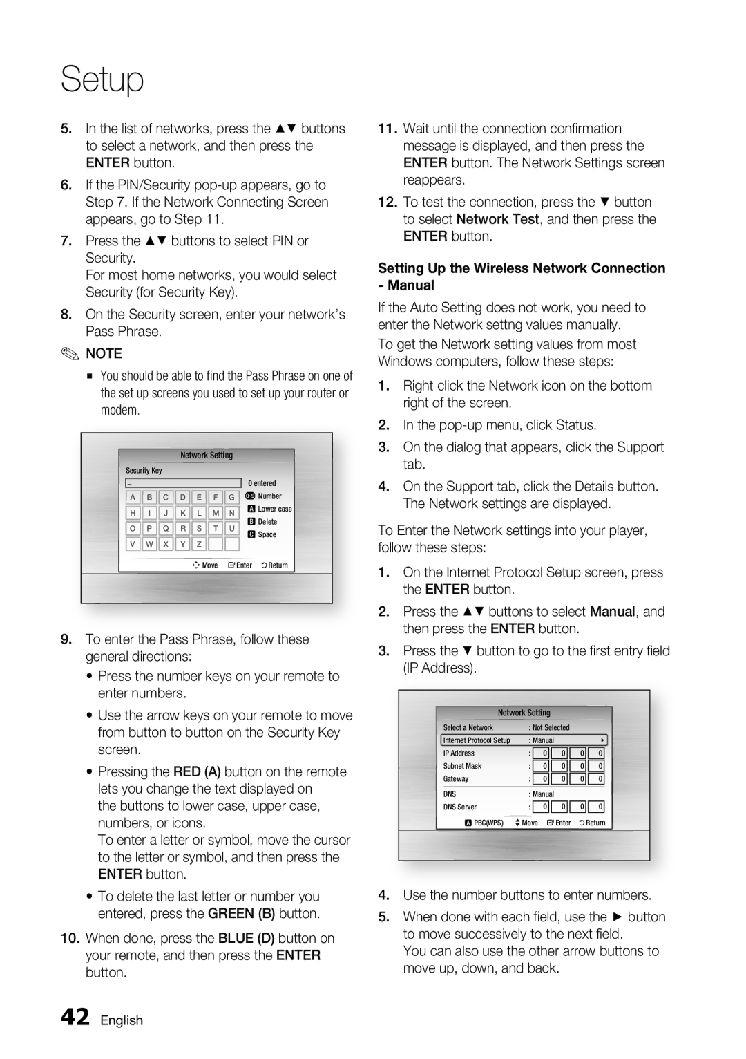 Samsung BD-C6900/EDC manual Setting Up the Wireless Network Connection Manual, Use the number buttons to enter numbers 