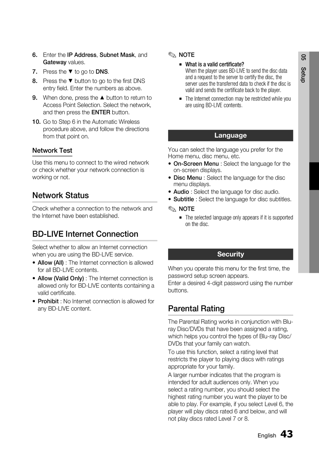 Samsung BD-C6900/EDC, BD-C6900/XAA manual Network Status, BD-LIVE Internet Connection, Parental Rating, Language, Security 