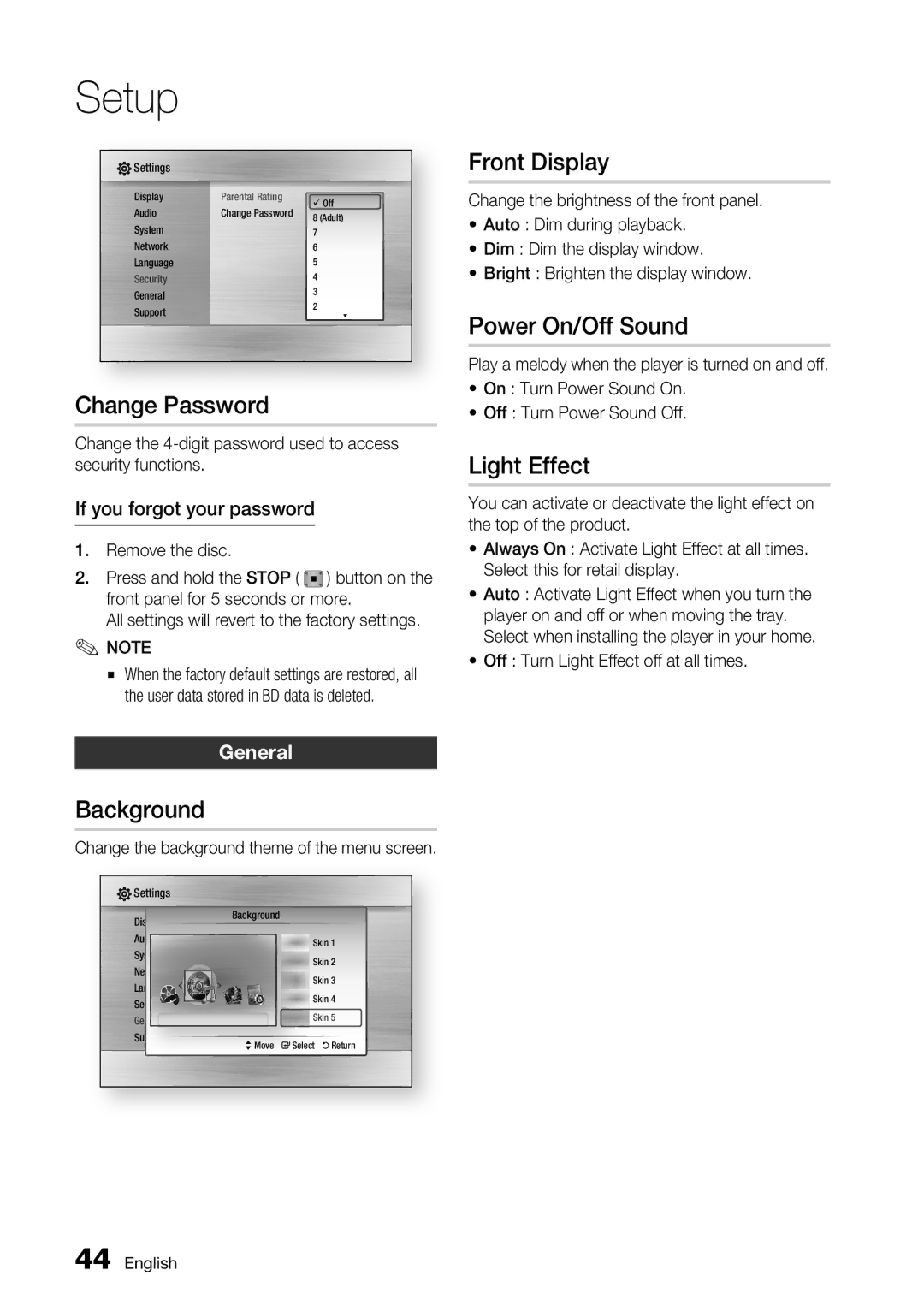 Samsung BD-C6900/XAA, BD-C6900/EDC manual Change Password, Background, Front Display, Power On/Off Sound, Light Effect 