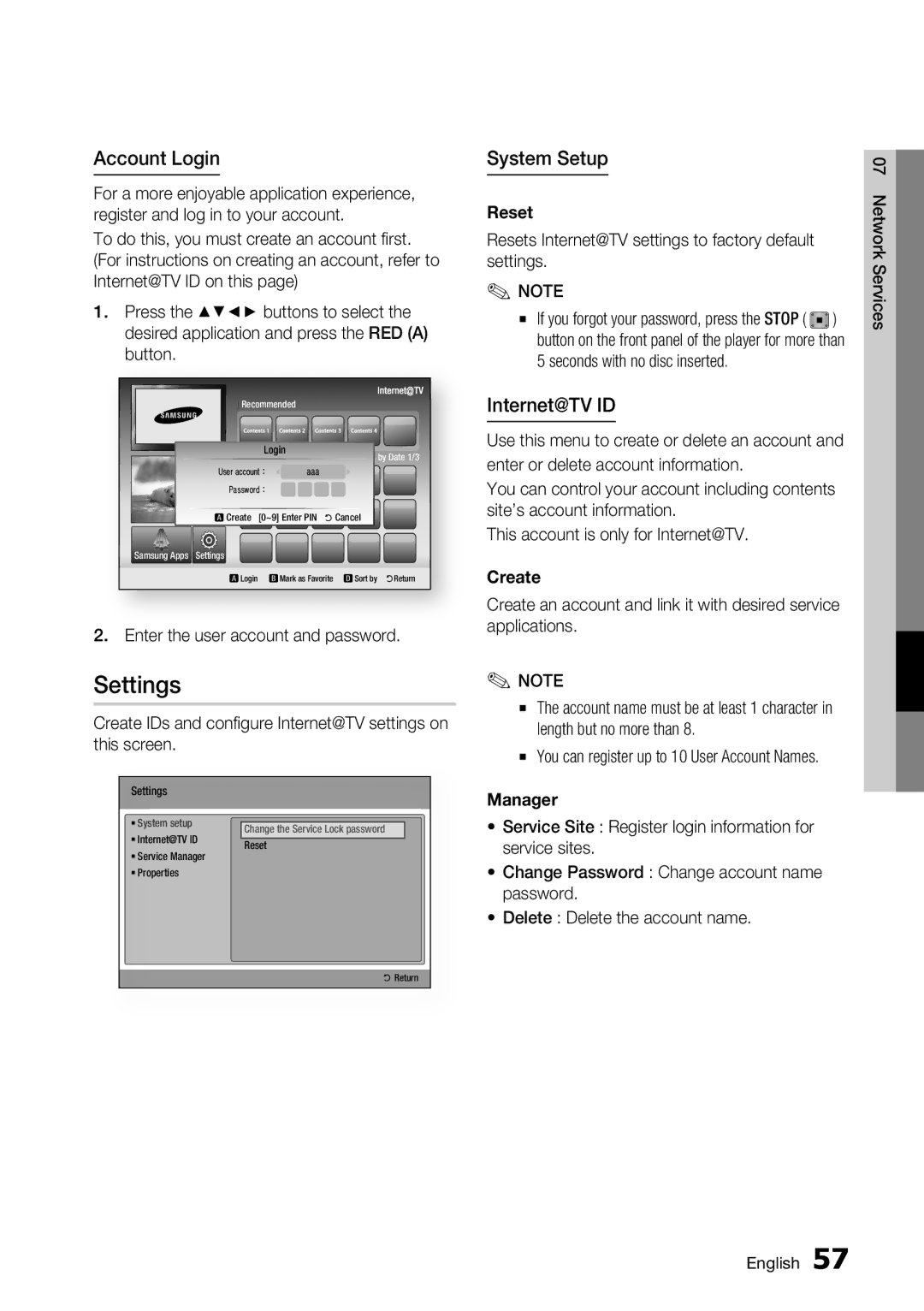 Samsung BD-C6900/XEF, BD-C6900/EDC, BD-C6900/XAA, BD-C6900/MEA manual Settings, Account Login, System Setup, Internet@TV ID 