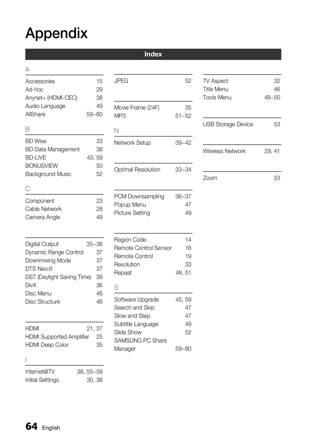 Samsung BD-C6900/MEA manual Index, Optimal Resolution 33~34, Remote Control Downmixing Mode Resolution DTS Neo6 Repeat 