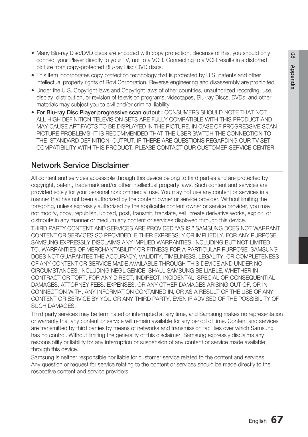 Samsung BD-C6900/EDC, BD-C6900/XAA, BD-C6900/XEF, BD-C6900/MEA, BD-C6900/XEE manual Network Service Disclaimer 