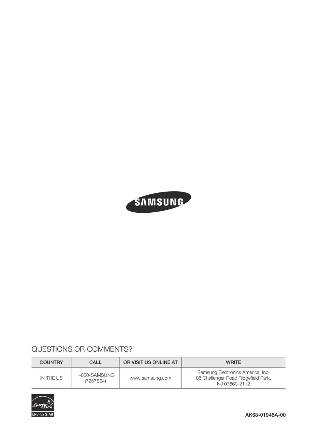 Samsung BD-C6900/XEE, BD-C6900/EDC, BD-C6900/XAA, BD-C6900/XEF, BD-C6900/MEA manual Questions or COMMENTS?, AK68-01945A-00 