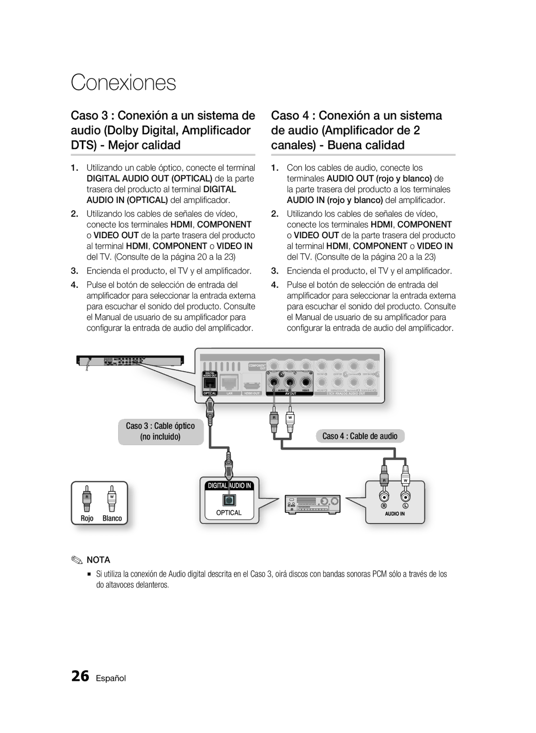 Samsung BD-C6900/XAA, BD-C6900/XEF, BD-C6900/MEA, BD-C6900/XEE manual Caso 3 Cable óptico No incluido, Caso 4 Cable de audio 