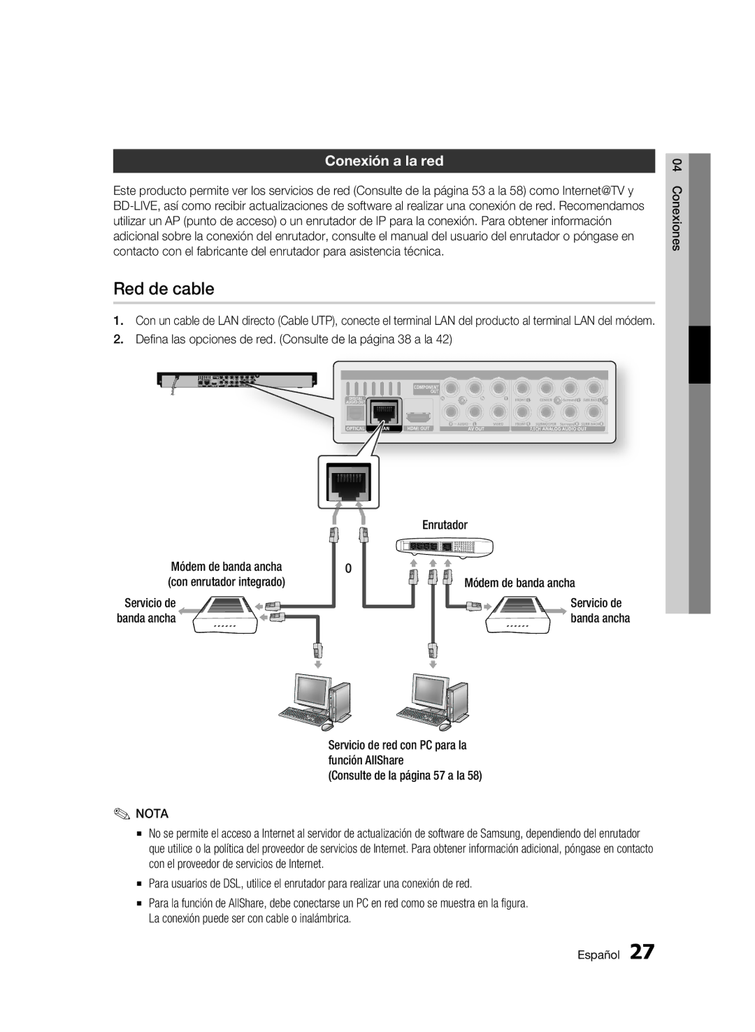 Samsung BD-C6900/XEF, BD-C6900/XAA, BD-C6900/MEA, BD-C6900/XEE manual Red de cable, Conexión a la red 