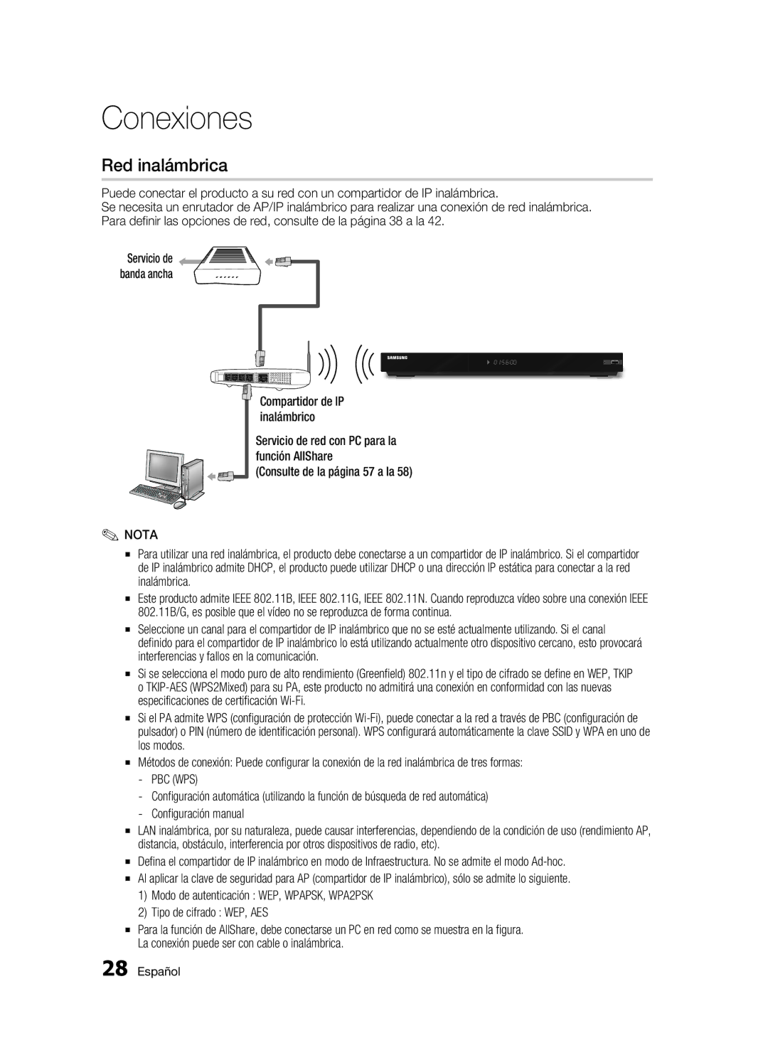 Samsung BD-C6900/MEA, BD-C6900/XAA, BD-C6900/XEF, BD-C6900/XEE manual Red inalámbrica, Pbc Wps, Tipo de cifrado WEP, AES 