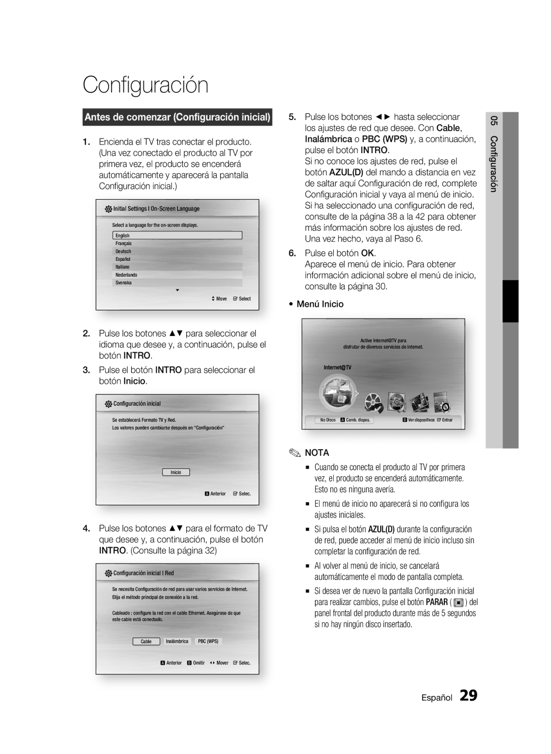 Samsung BD-C6900/XEE Antes de comenzar Configuración inicial, Pulse el botón Intro, Consulte la página Menú Inicio 