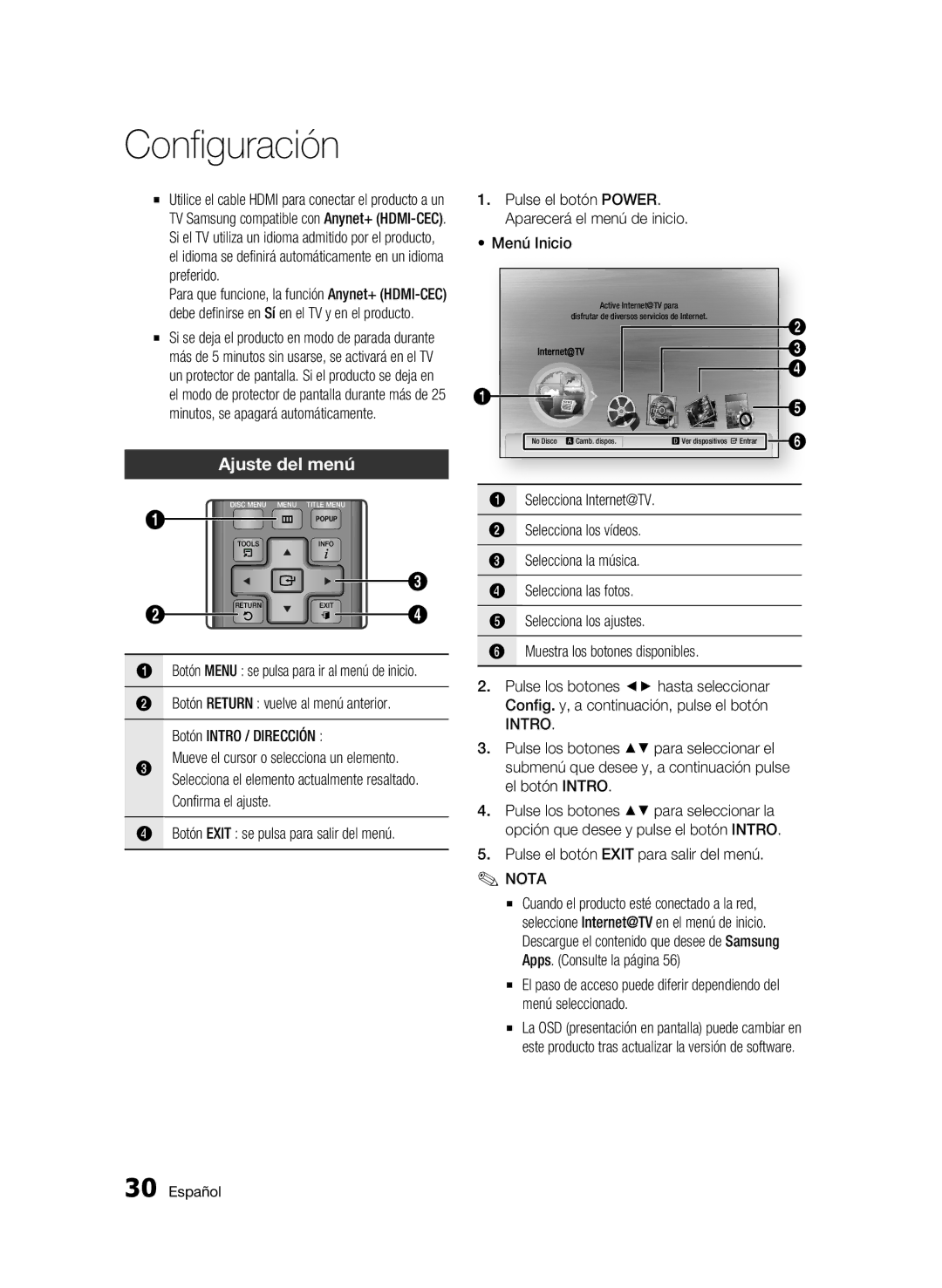 Samsung BD-C6900 Ajuste del menú, Botón Exit se pulsa para salir del menú, Intro, Pulse el botón Exit para salir del menú 