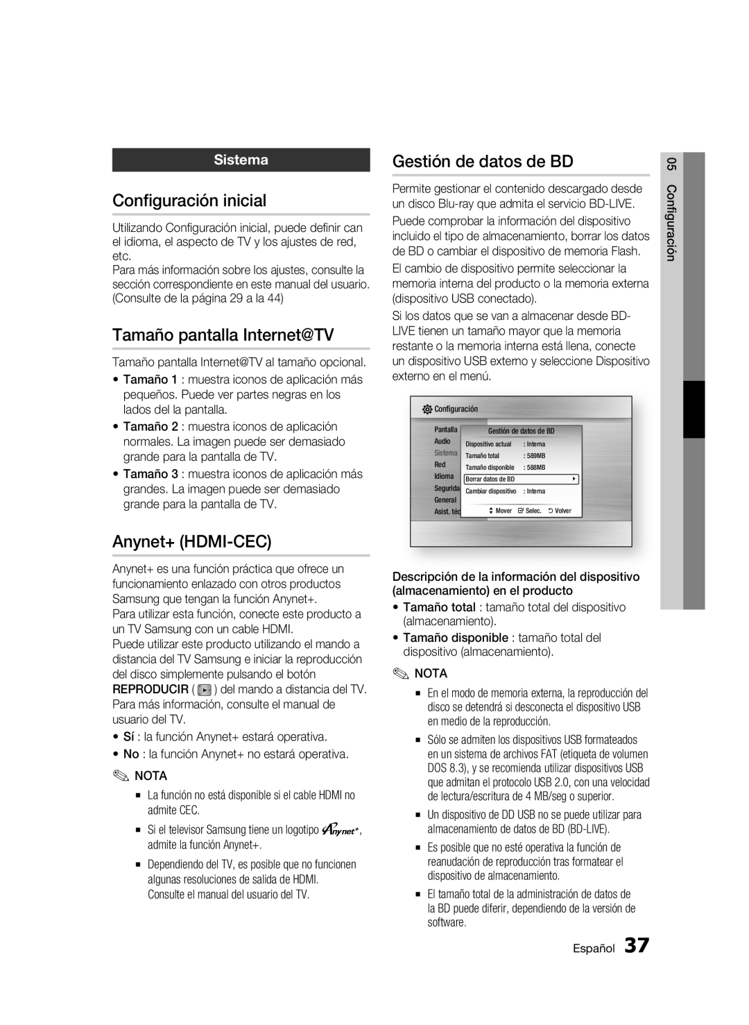 Samsung BD-C6900/XEF Configuración inicial, Tamaño pantalla Internet@TV, Anynet+ HDMI-CEC, Gestión de datos de BD, Sistema 